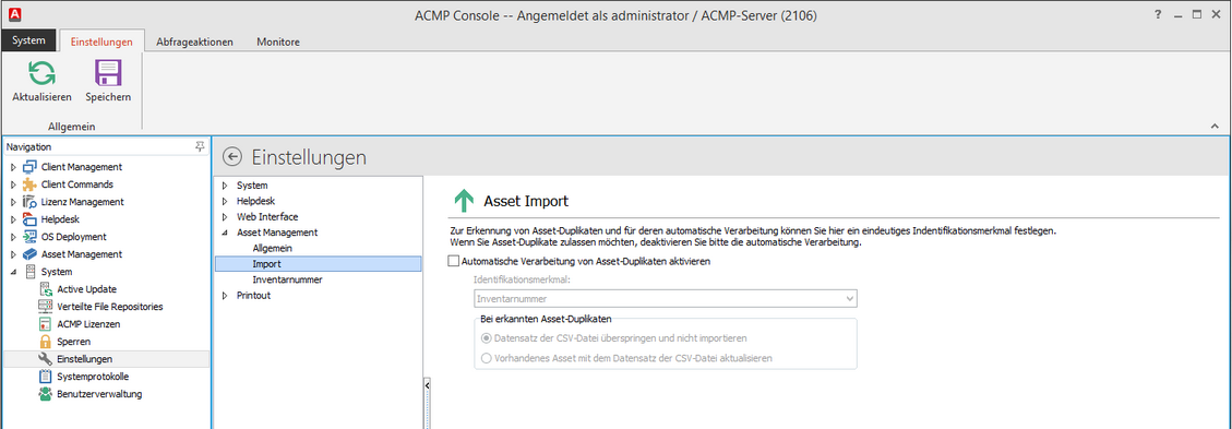 Einstellungen: Asset Management - Import