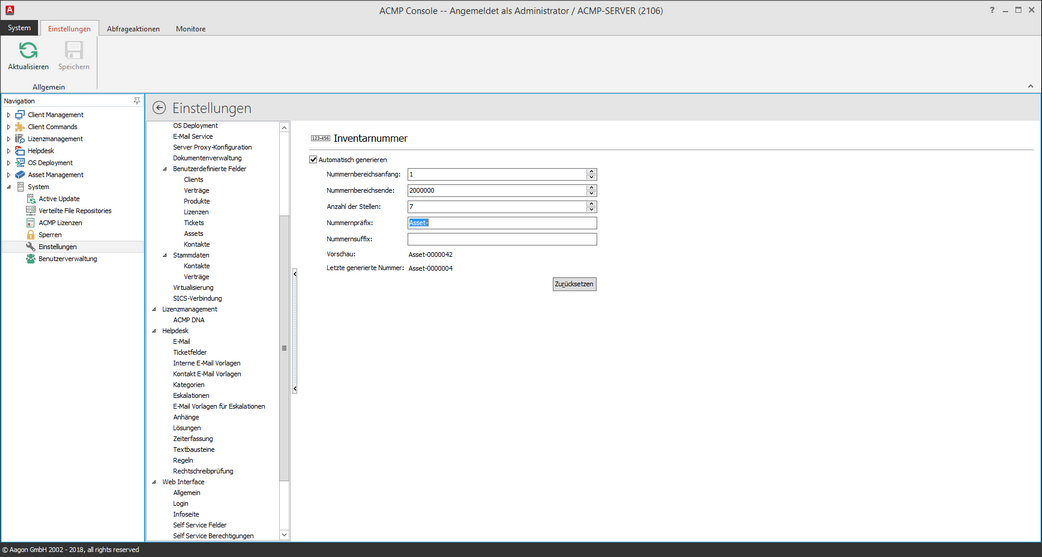 Einstellungen: Asset Management - Inventarnummer