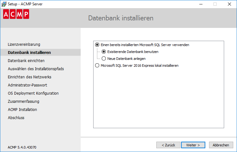 ACMP Setup: Datenbank installieren