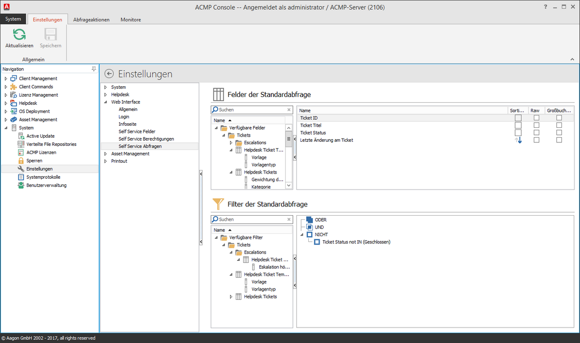 Einstellungen: Web Interface - Self Service Abfragen