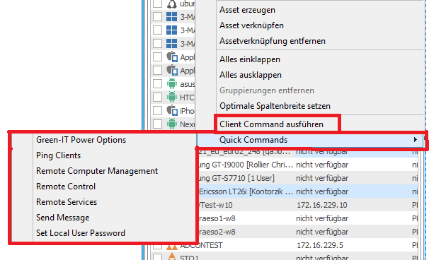 Client Commands über das Kontextmenü ausführen