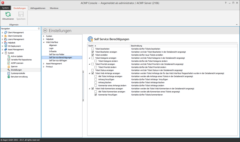 Einstellungen: Web Interfaces - Self Service Berechtigungen