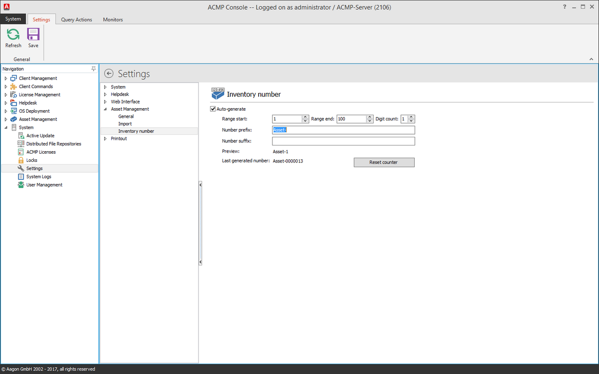 Setting: Asset Management - Inventory number